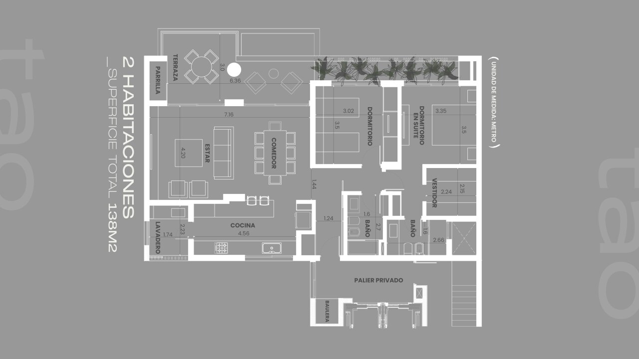 Planta tipo 2 habitaciones — 138 m²