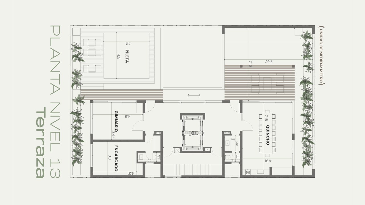 Planta nivel 13 — Terraza con pileta, gimnasio, encargado y quincho